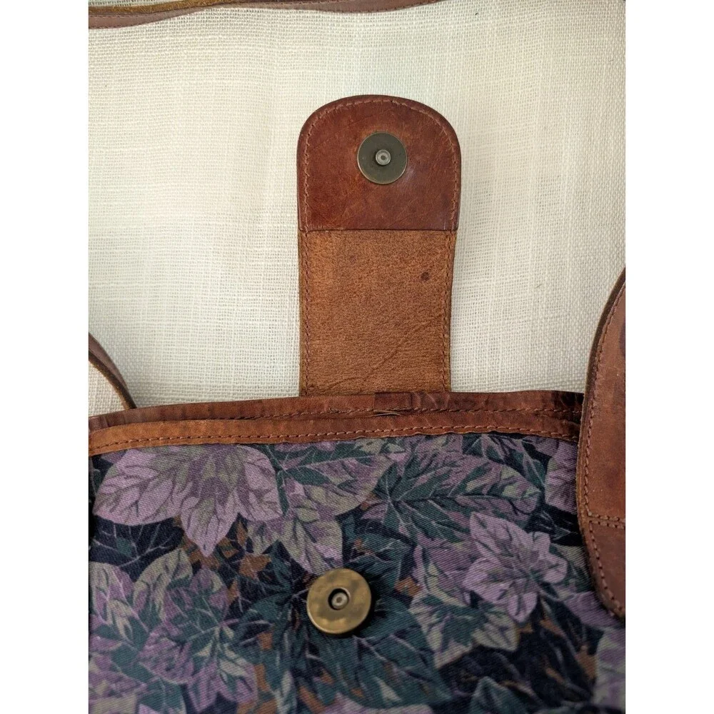 Vintage Laura Ashley Purple Floral Canvas w/ Leather Strap Tote Bag Shoulder Bag